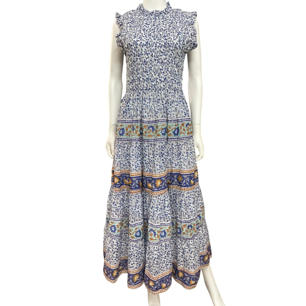 Calypso St Barth Smocked Tiered Maxi Dress Womens sz S Floral Print Cottagecore